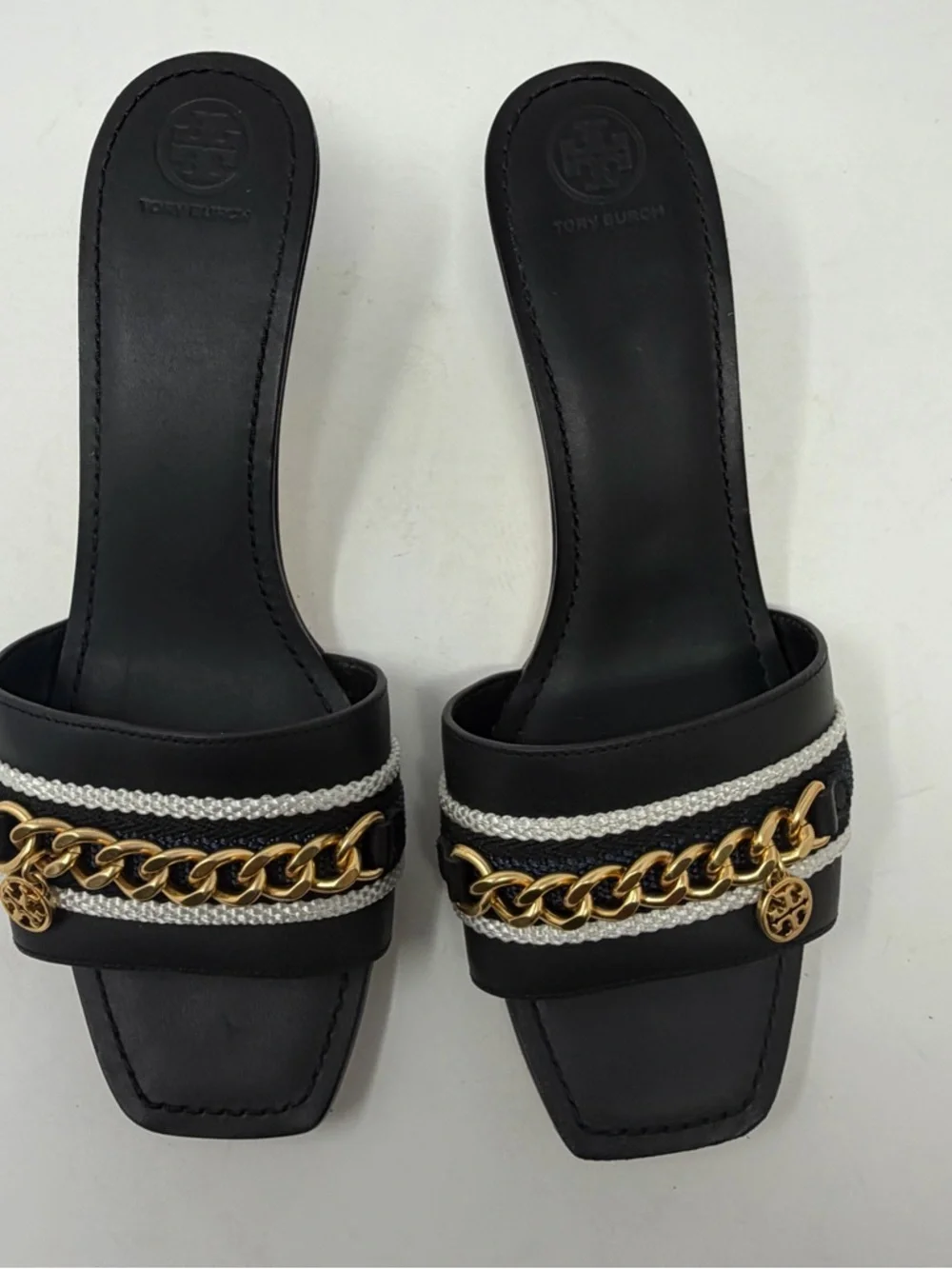 Tory Burch Mini Benton Kitten Heel Sandals Black Leather Gold Chain‎ Size 10.5